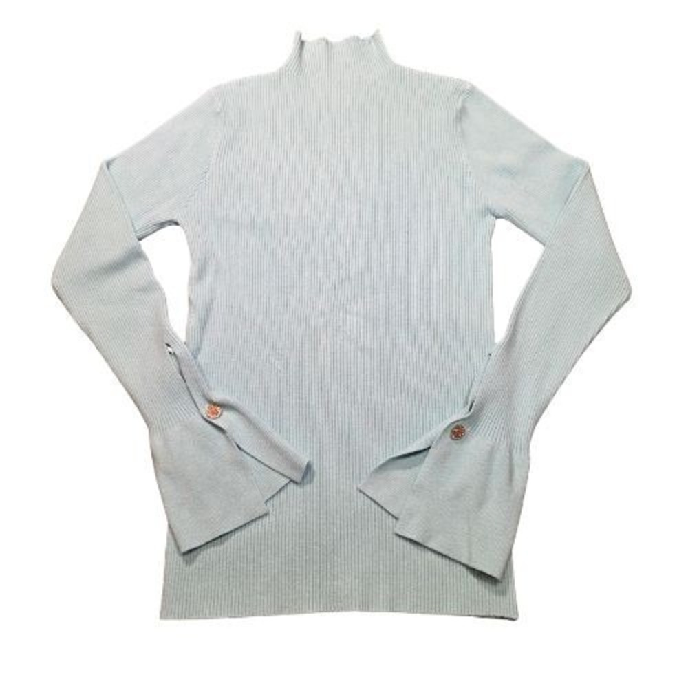 Ice Blue Aqua Ribbed Mock Neck Sweater Split Flare Cuff Logo M Button Small